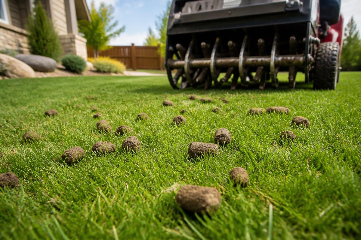 Core aeration machine pulling small soil plugs from a Colorado lawn