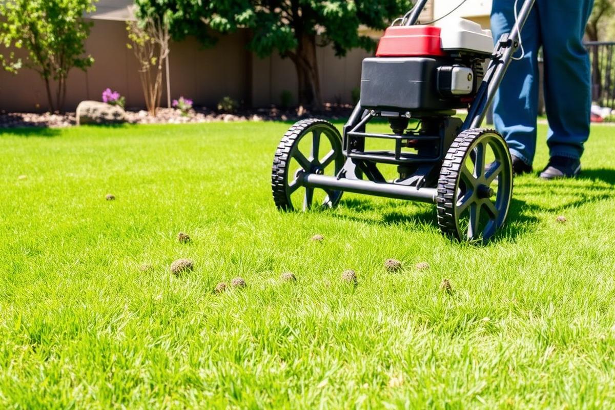 Core aeration machine pulling small soil plugs from a Colorado lawn