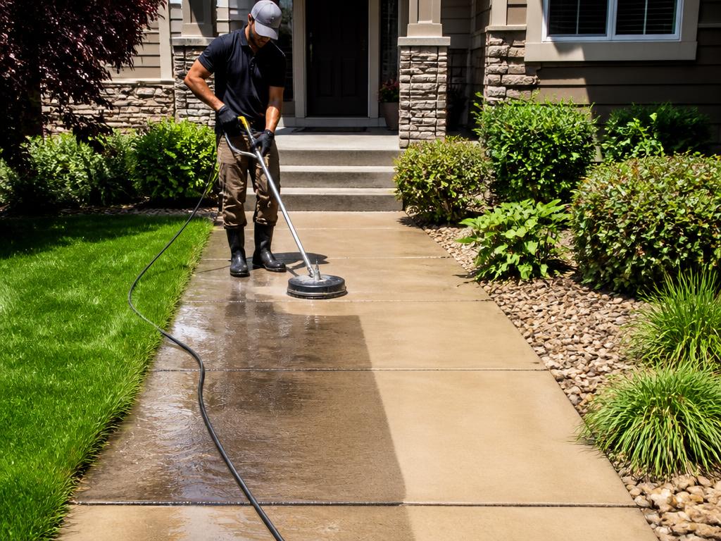 Worker pressure washing a dirty concrete driveway at a Colorado home