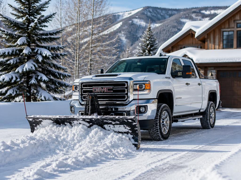 Pickup truck with a plow clearing snow from a residential driveway